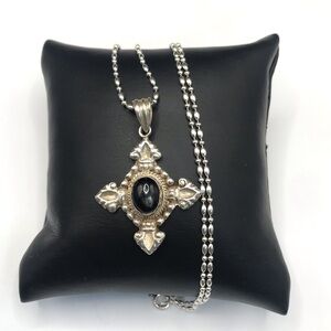 925 Sterling Silver Black Onyx Cross Pendant Necklace - Women Size 18”
